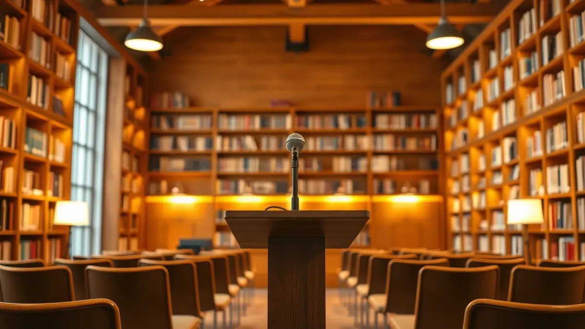 Generic image of a theater stage or reading room with a microphone and empty chairs, lit with warm light.