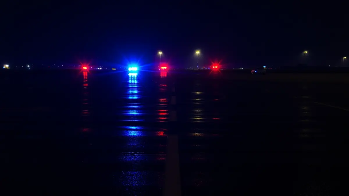 Imagen genérica de luces de emergencia reflejadas en el asfalto de un aeropuerto.