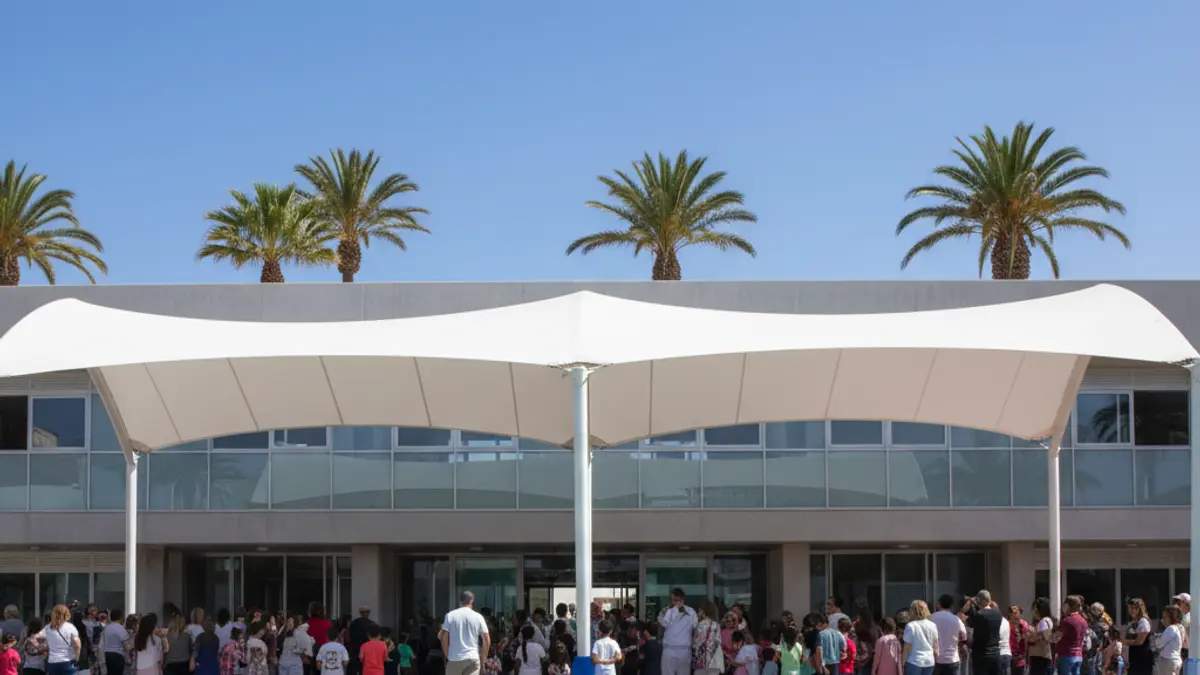 Image of a covered school court on a sunny day in the Canary Islands.