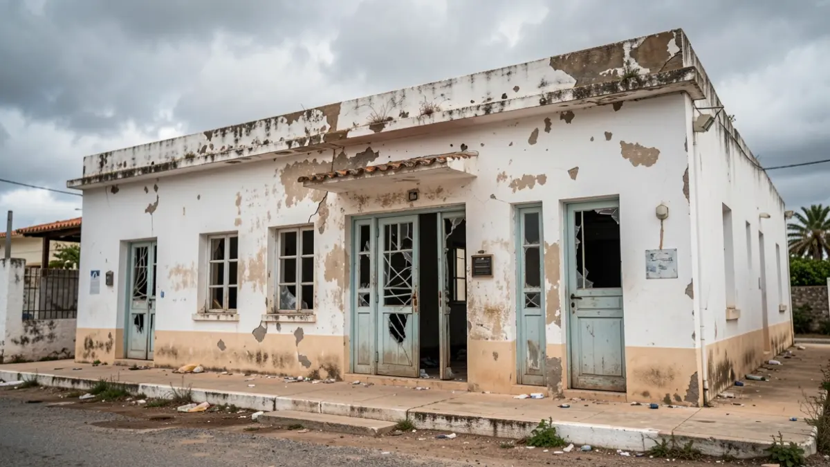 Imagen del albergue de Arinaga en Agüimes, mostrando deterioro y vandalismo.
