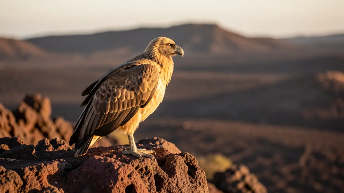 Image of a Canarian Egyptian vulture perched on a rock in Timanfaya National Park.
