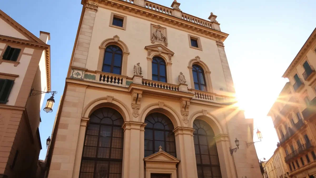 Fachada del antiguo colegio que albergará el CaixaForum Tenerife, con elementos góticos y un gran frontón ornamental.