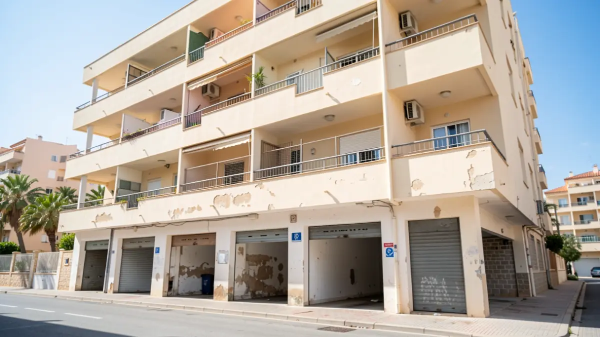 Image of the closed and seemingly abandoned entrances of a community garage in Las Palmas de Gran Canaria.