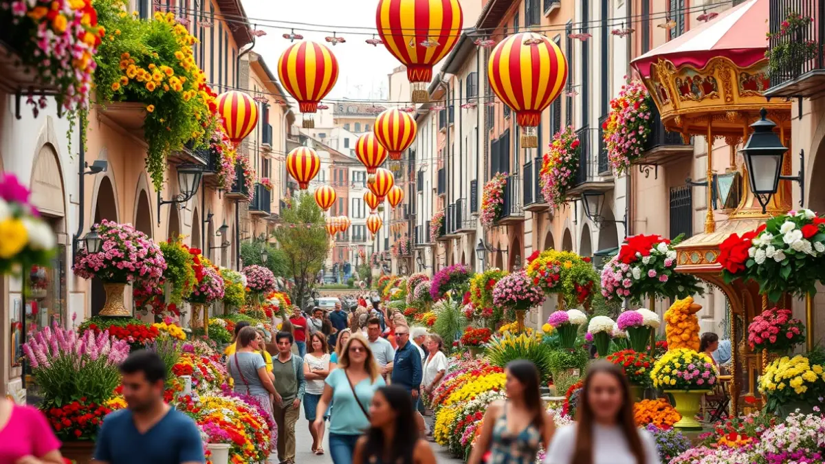 Floral and festive decoration in a street in Gáldar during 'Gáldar en Flor'.