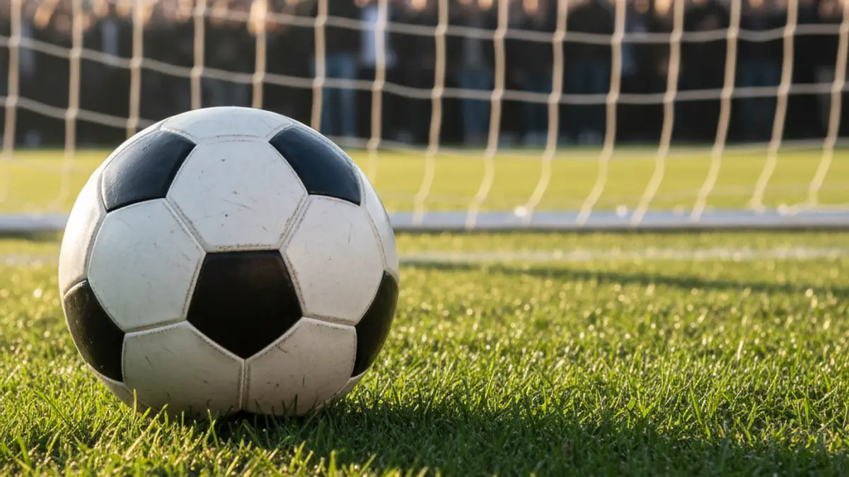 Generic image of a soccer ball on a green field, with a blurred goal in the background.