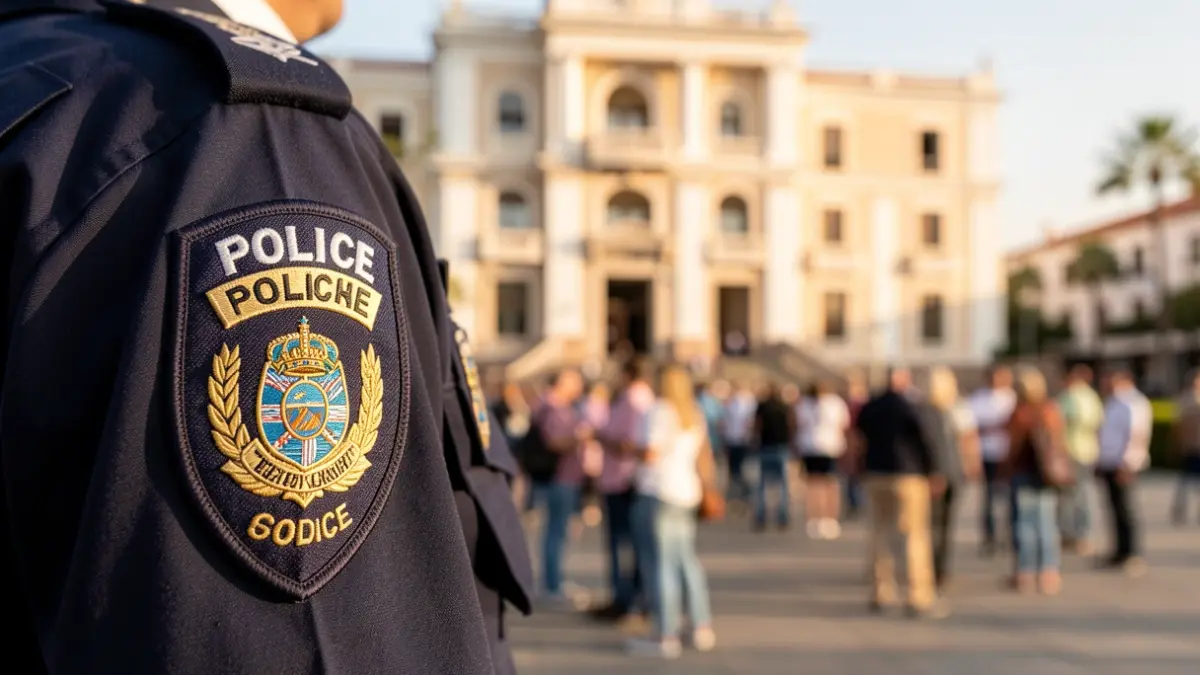 Local police badge with a blurred town hall facade in the background.
