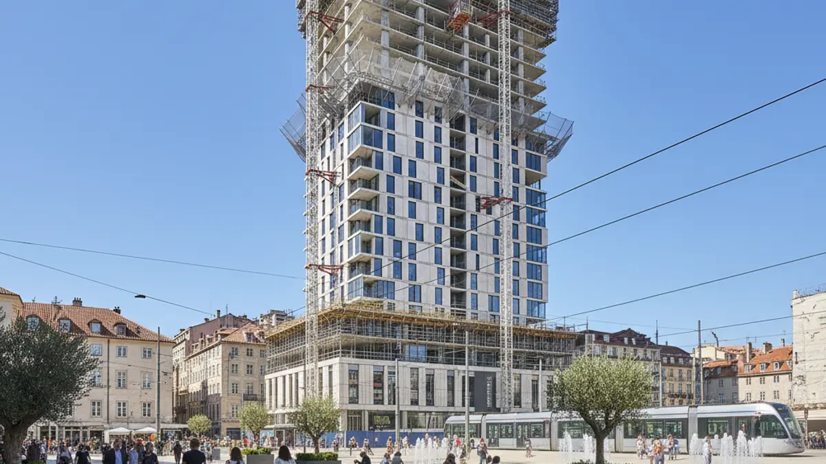 Image of a modern residential building under construction with a public plaza in the foreground in Las Palmas de Gran Canaria.