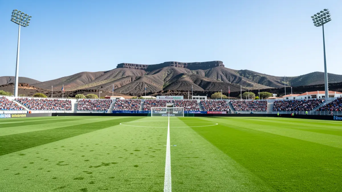 Imagen genérica de un campo de fútbol en Canarias con paisaje volcánico.