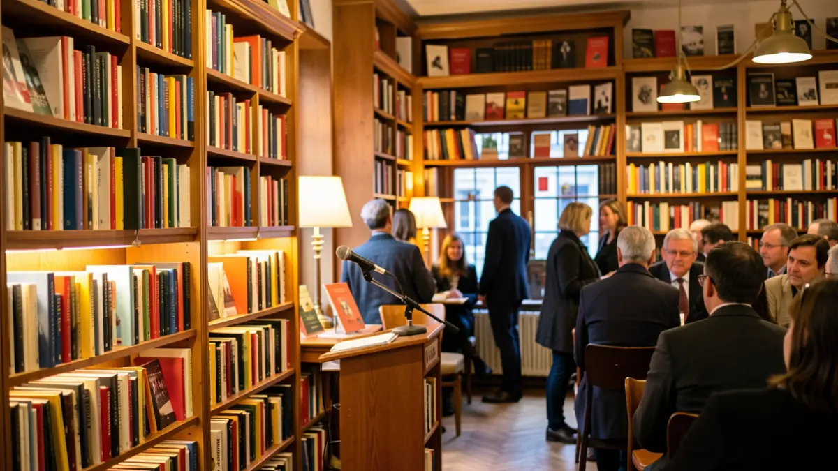 Imagen genérica de una librería acogedora durante un evento literario.