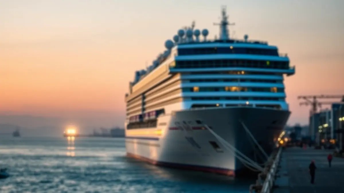 Image of a cruise ship docked at Granadilla de Abona port at dawn.