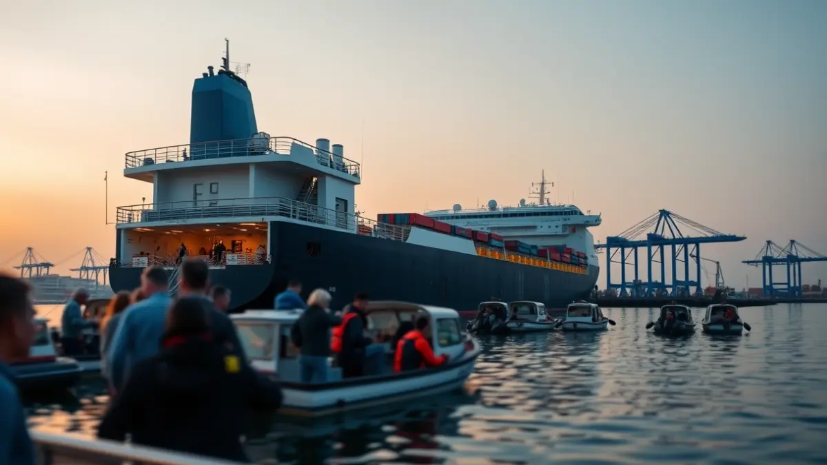 Imagen de un buque atracado en un puerto al amanecer, con personas desembarcando en lanchas.
