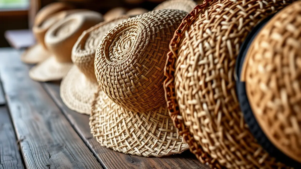 Traditional straw hats with intricate patterns, displayed on a rustic wooden table.
