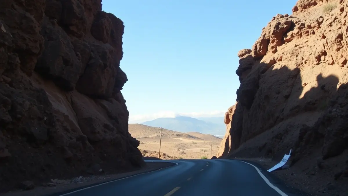 Carretera a través de un barranco en Gran Canaria, con señales de obras y reparación.