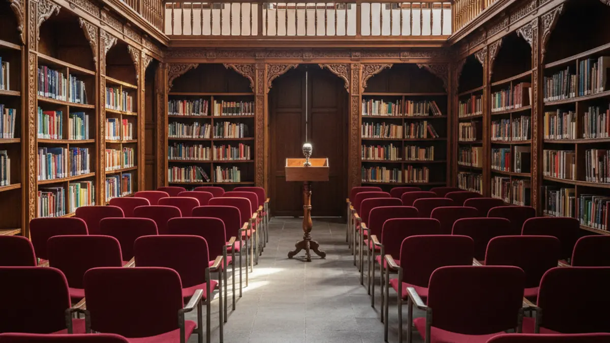 Imagen genérica de una biblioteca con estanterías y un podio, con un ambiente cálido de lectura.