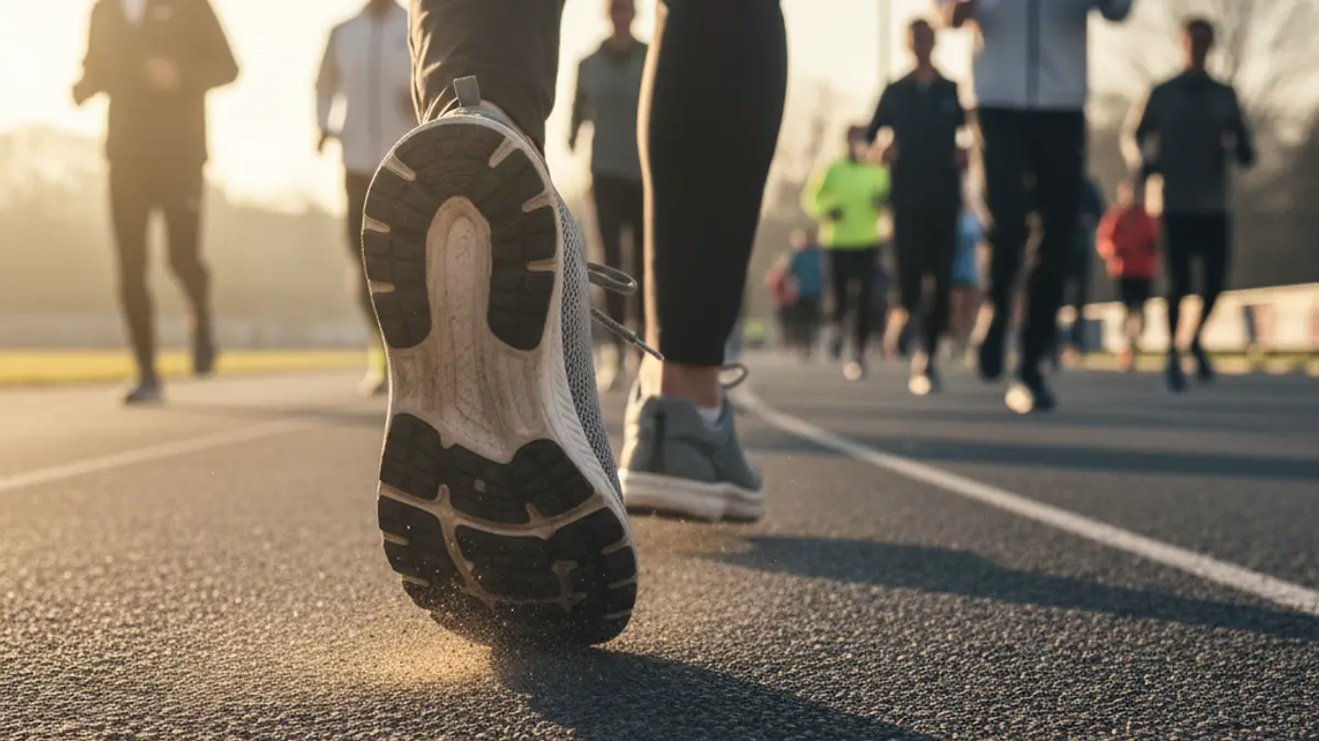 Imagen genérica de una zapatilla de correr en una pista de atletismo.
