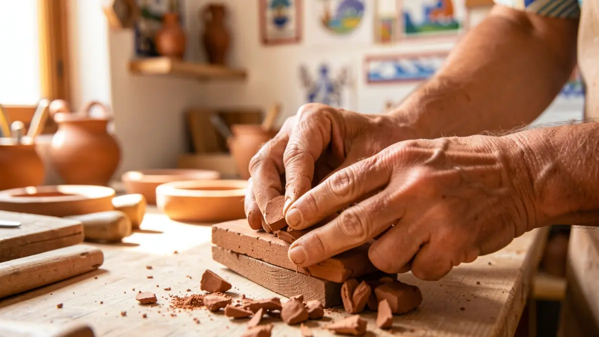 Manos trabajando en artesanía tradicional canaria con materiales como arcilla o madera.