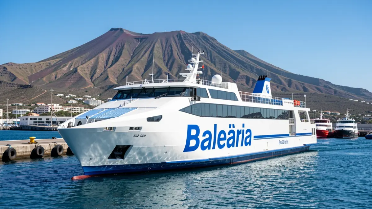 Ferry de Baleària atracado en un puerto de La Palma con montañas volcánicas al fondo.