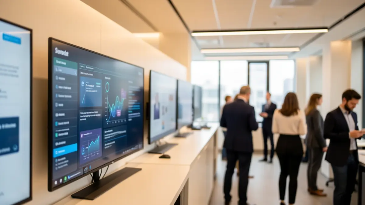 Generic image of a modern office with digital screens.