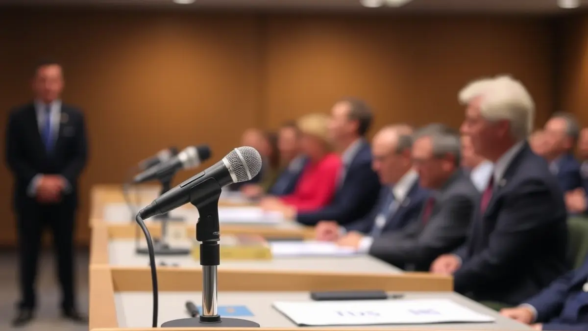 Generic image of a microphone on a podium, symbolizing a political statement or debate.