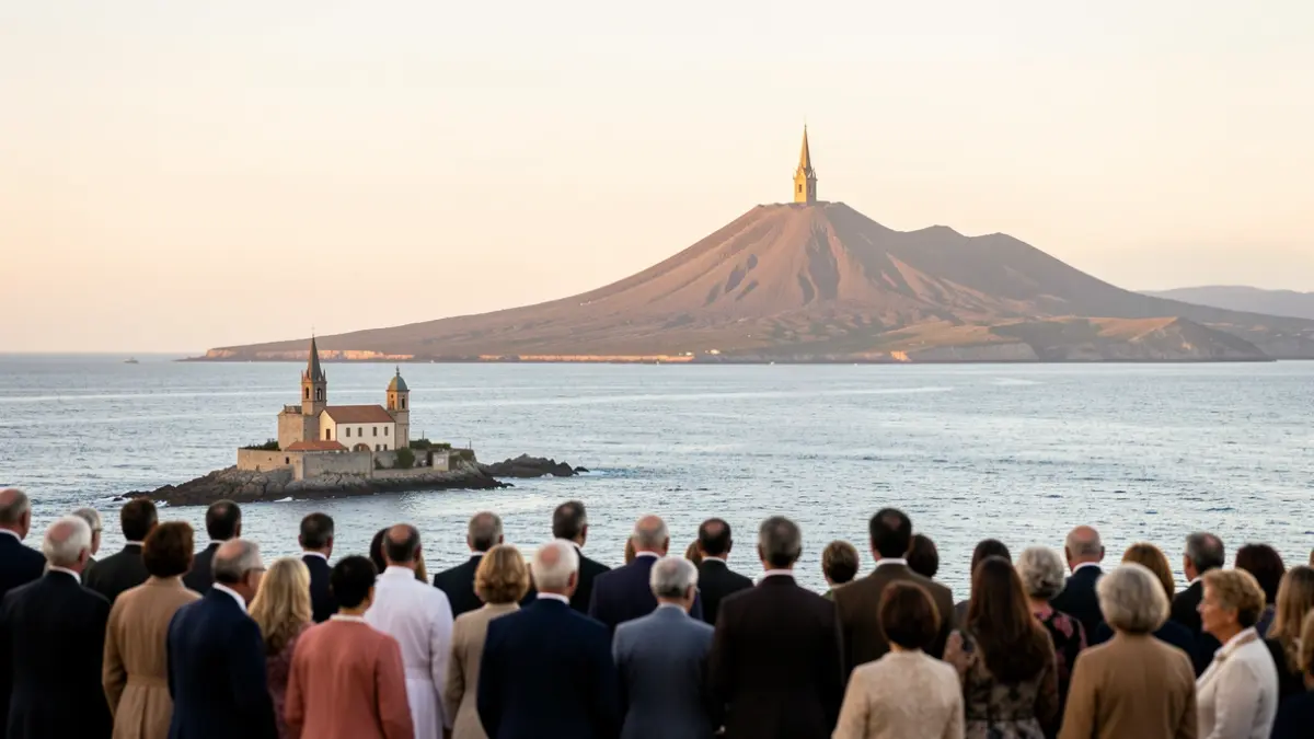 Generic image of a papal visit to a volcanic island with local architectural elements.
