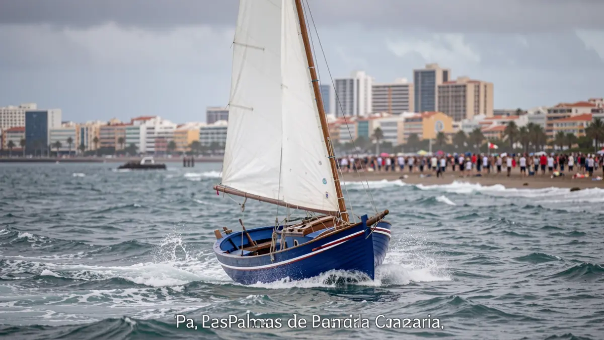 Latina sailing boat navigating in the bay of Las Palmas de Gran Canaria with wind.