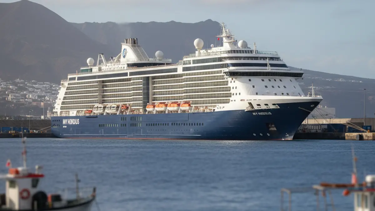 Image of the cruise ship MV Hondius docked at a port in the Canary Islands.