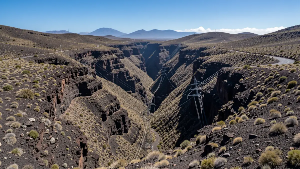 Aerial view of a ravine in Gran Canaria with electrical infrastructure.