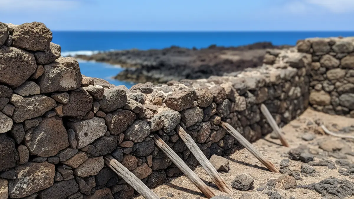 Image of an ancient fortress stone wall with deteriorated fencing, in a coastal area of Canarias.