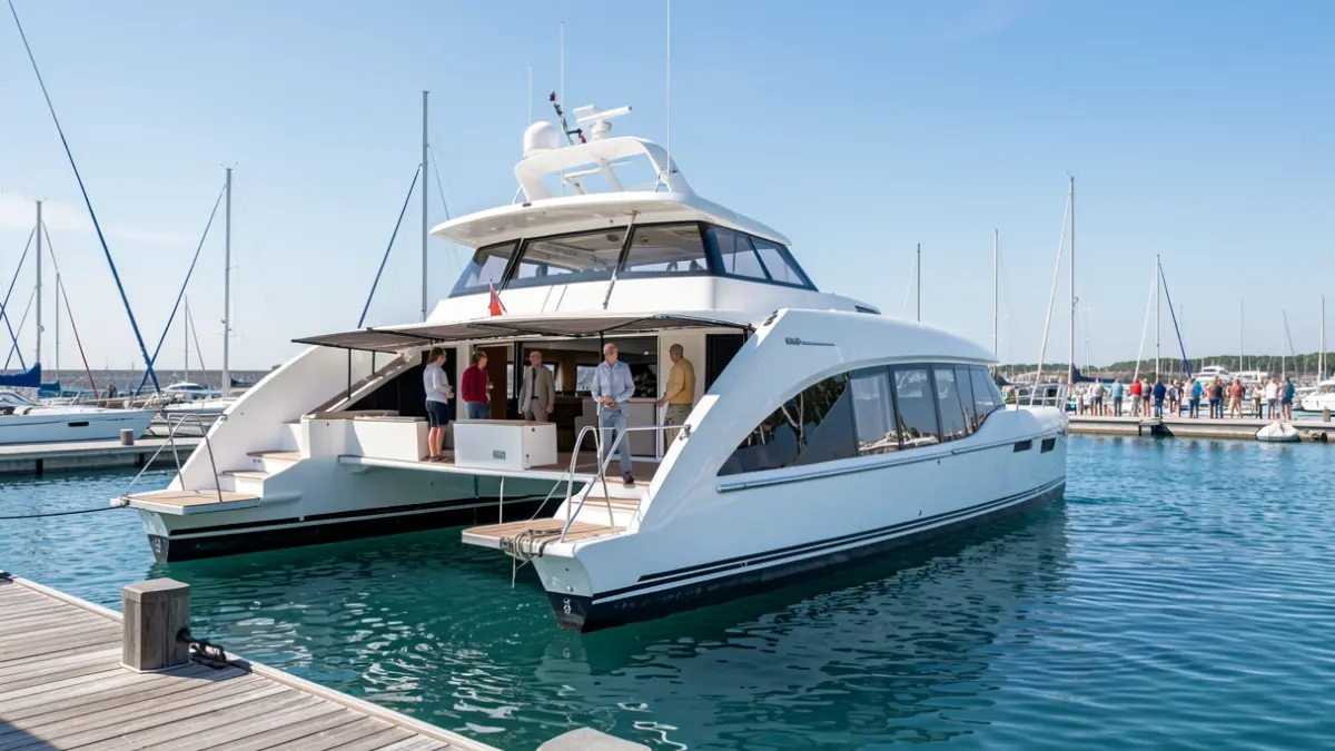 Imagen genérica de un catamarán científico abierto al público en un puerto.