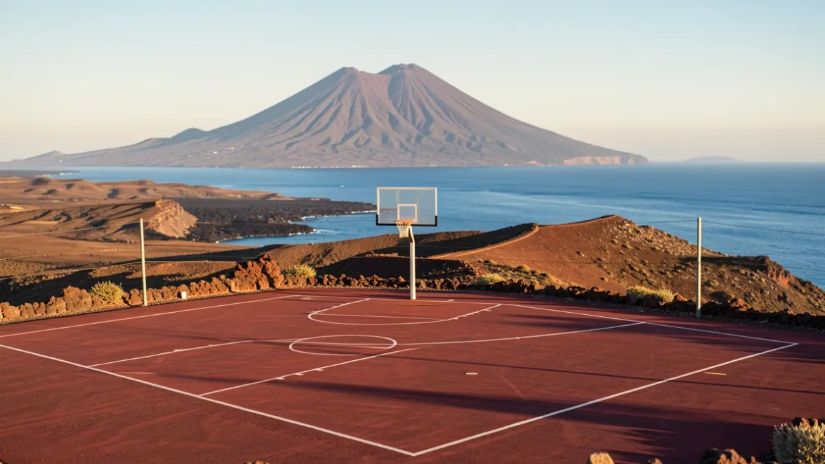 Generic image of a basketball court in the Canary Islands with Teide in the background.