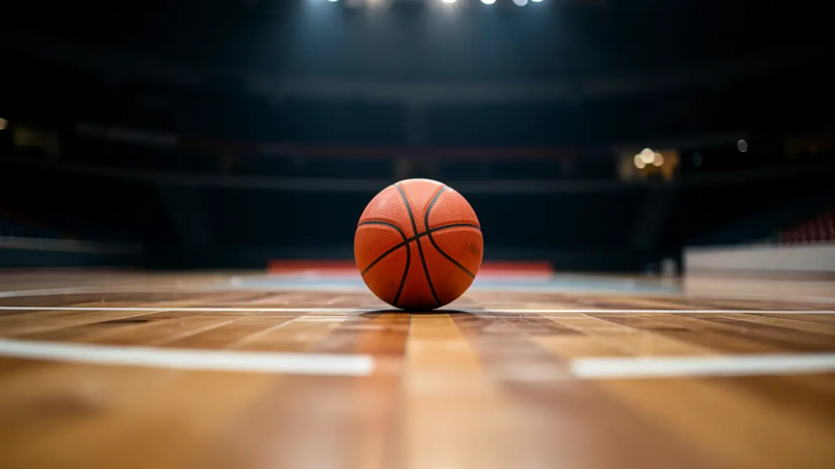 Generic image of a basketball court with a ball in the center.
