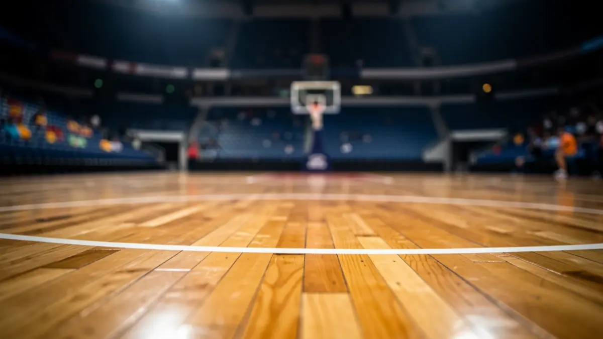 Generic image of an empty basketball court with dramatic lighting.