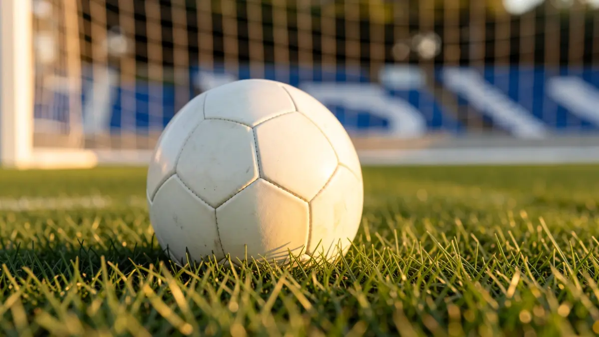 Imagen genérica de un balón de fútbol sobre césped con la red de portería desenfocada.