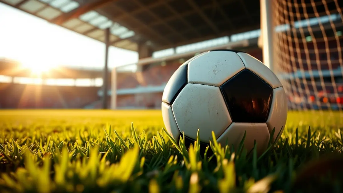 Imagen genérica de un balón de fútbol en el césped de un estadio, con la portería desenfocada al fondo.
