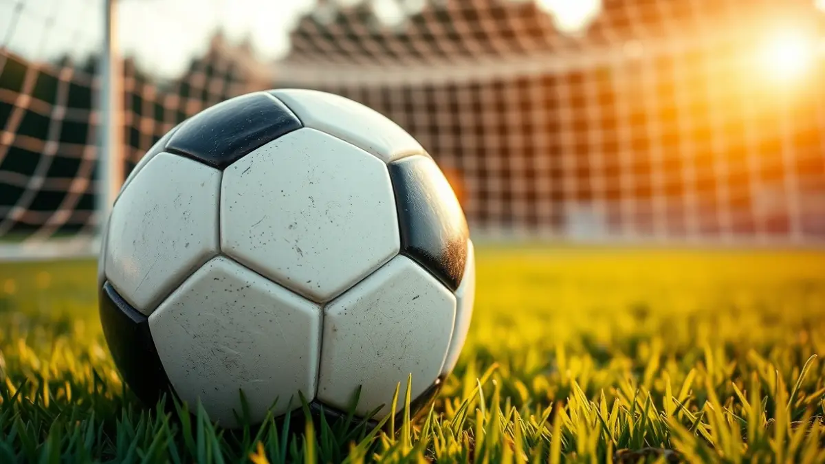 Imagen genérica de un balón de fútbol en el césped, con la portería desenfocada al fondo.