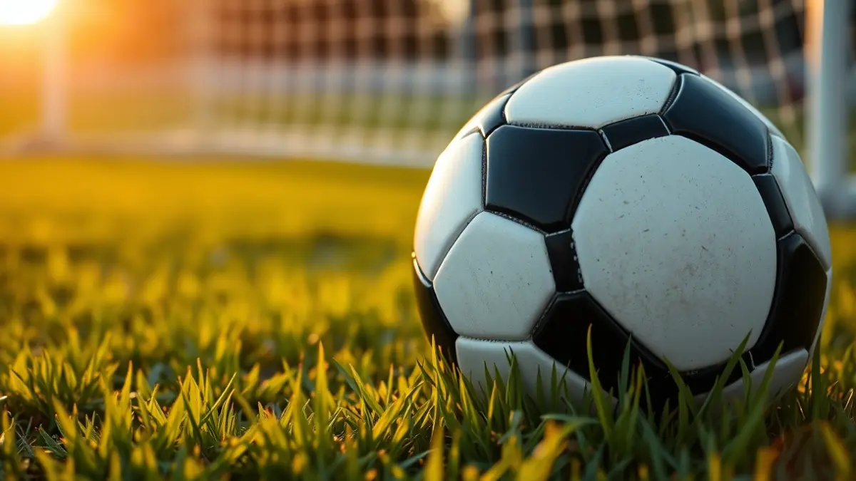 Generic image of a soccer ball on a field, with a blurred goal in the background.