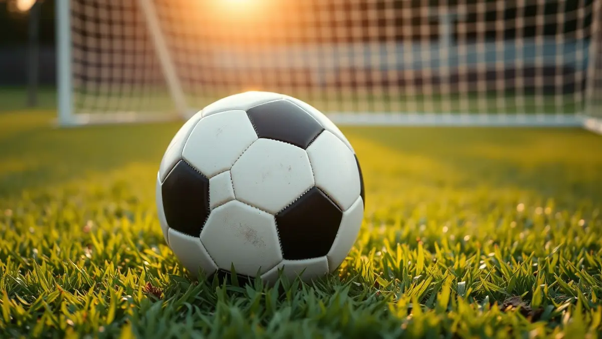 Generic image of a soccer ball on a field, with a blurred goal in the background.