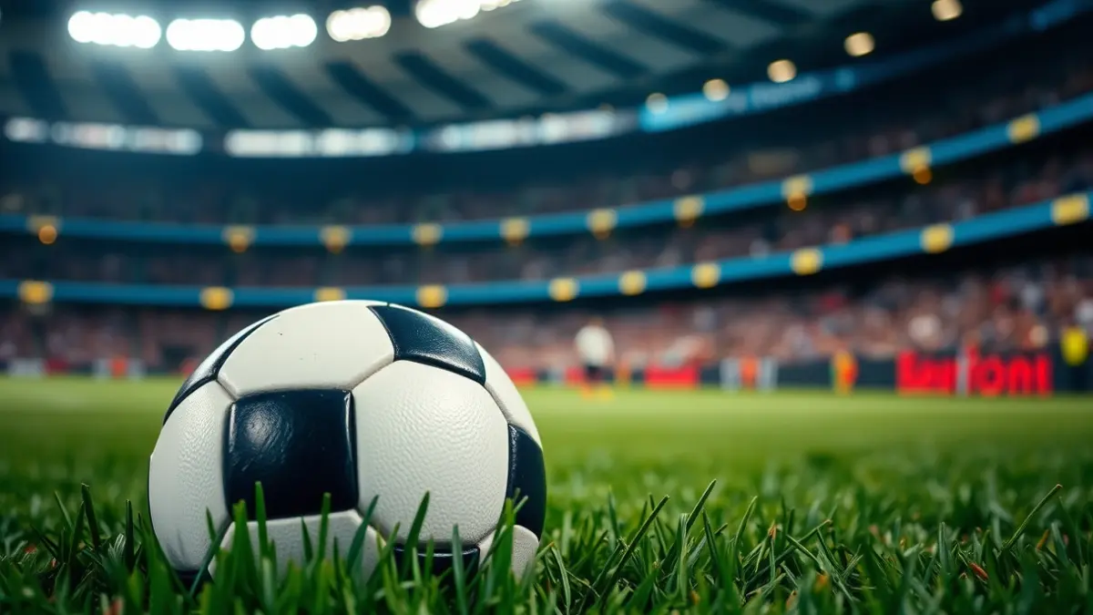 Imagen genérica de un balón de fútbol en el césped de un estadio, con luces de celebración de fondo.