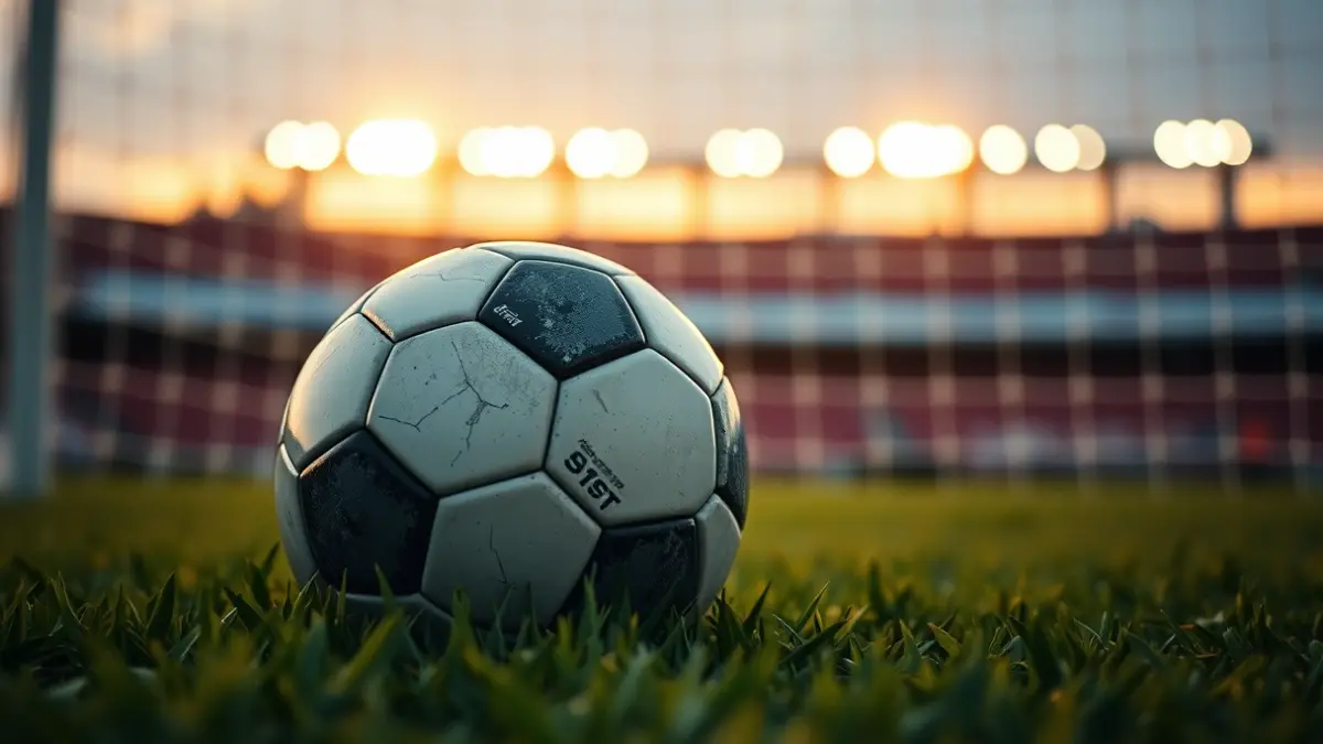 Generic image of a soccer ball on a field, with the goal in the background.