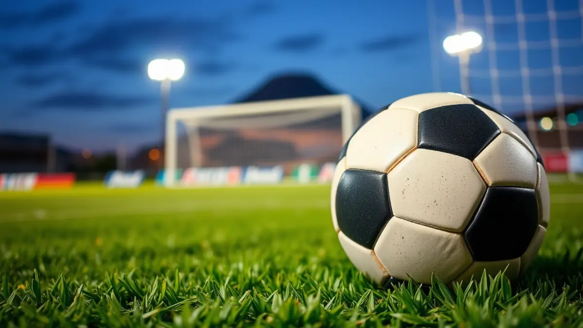 Generic image of a soccer ball on a field, with a blurred goal net in the background.