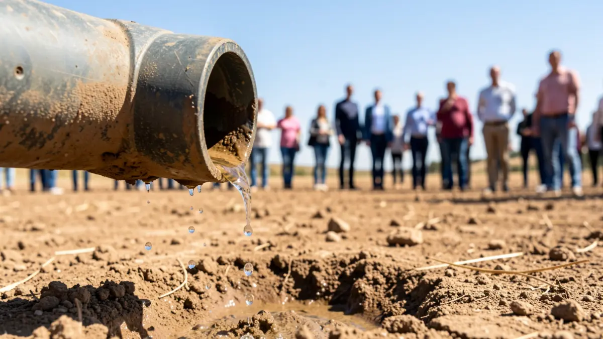 Imagen de una tubería de agua con una fuga, simbolizando problemas de suministro.