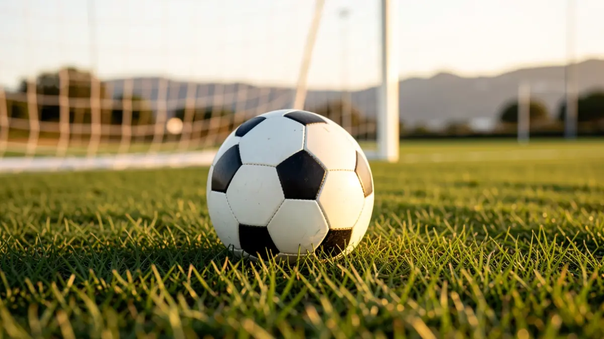 Generic image of a soccer ball on grass with the goal net blurred.