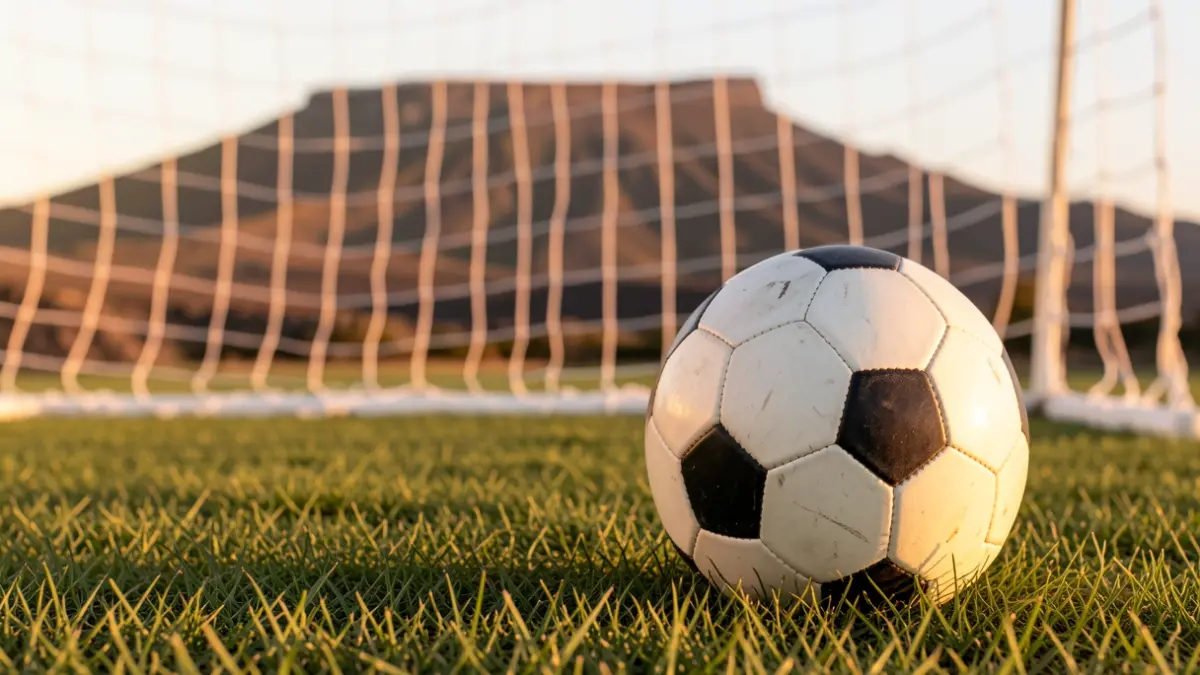 Generic image of a soccer ball on grass with the goal net out of focus.