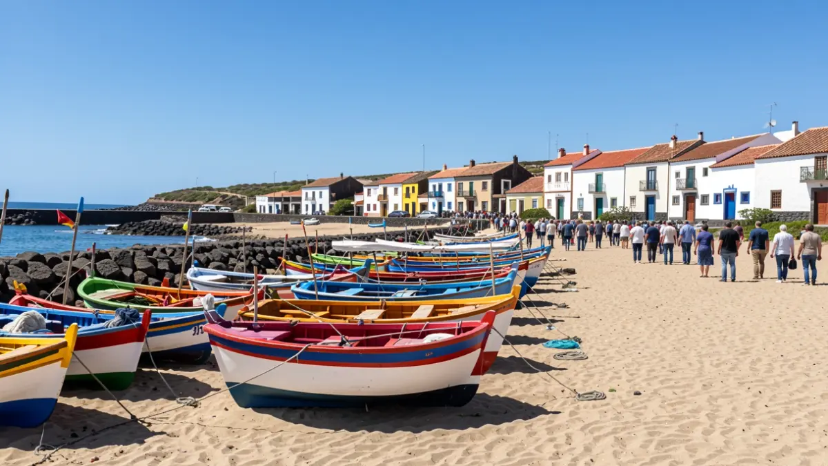 Generic image of a traditional fishing village in the Canary Islands with boats on the sand.