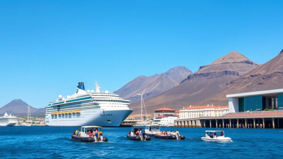 Image of a cruise ship anchored near the port of Granadilla de Abona, with small boats transferring passengers.