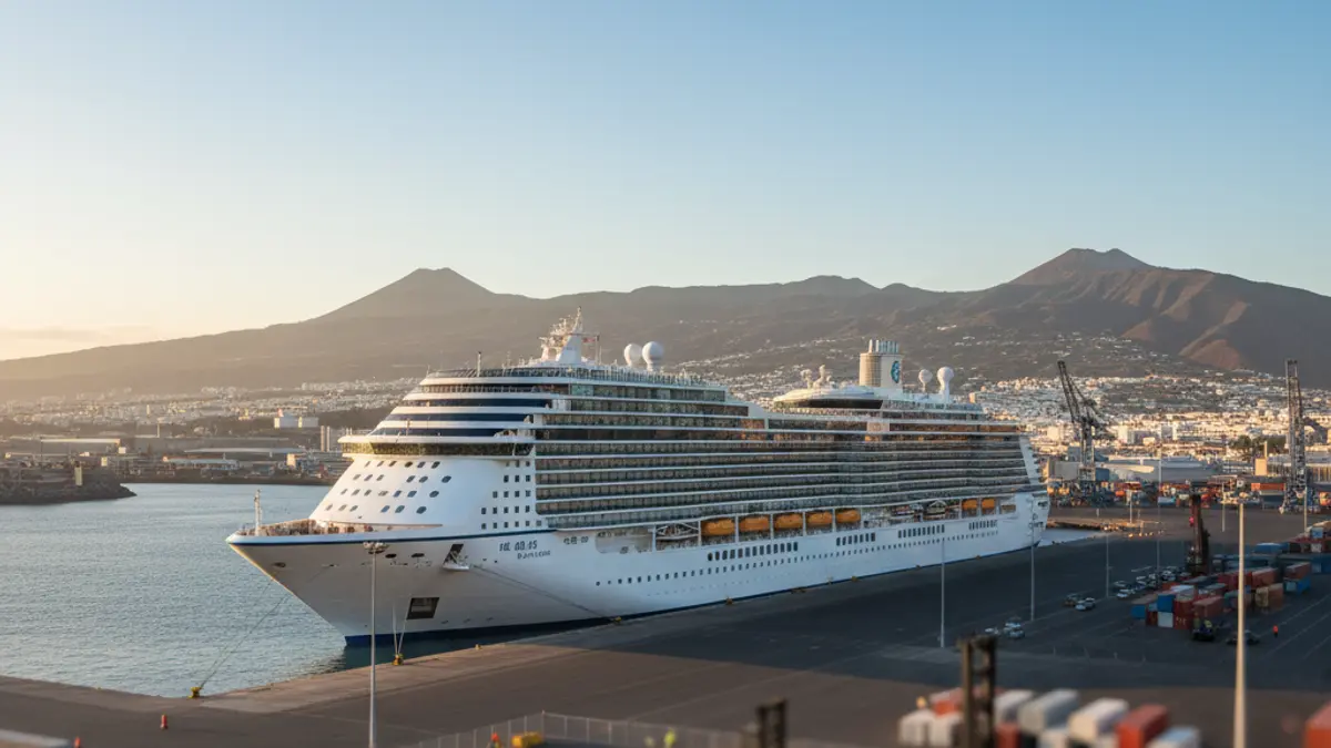 Image of a cruise ship docked at the port of Tenerife, with the island's volcanic landscape in the background.