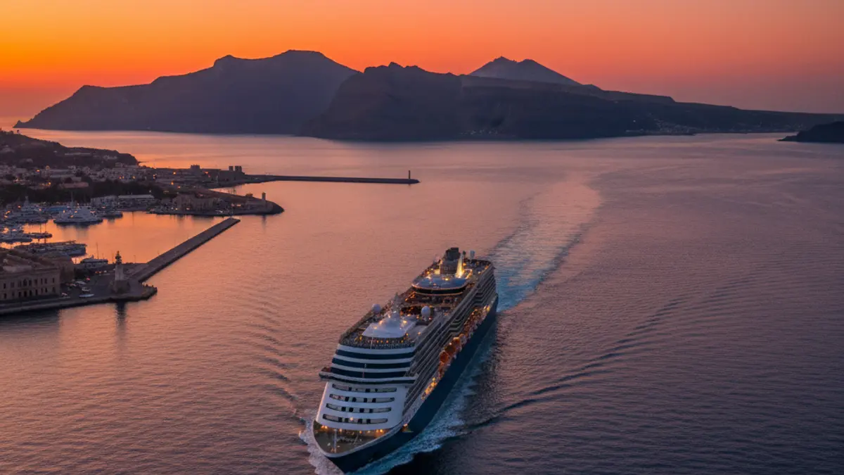 Image of a cruise ship leaving Granadilla port at dusk.