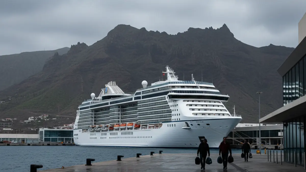 MV Hondius cruise ship docked at Granadilla de Abona port.