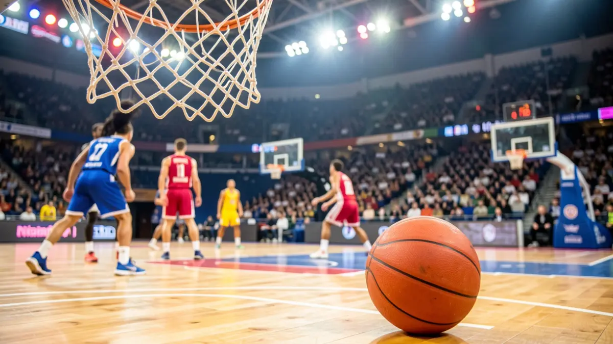 Imagen genérica de una cancha de baloncesto con el balón y la red en primer plano.