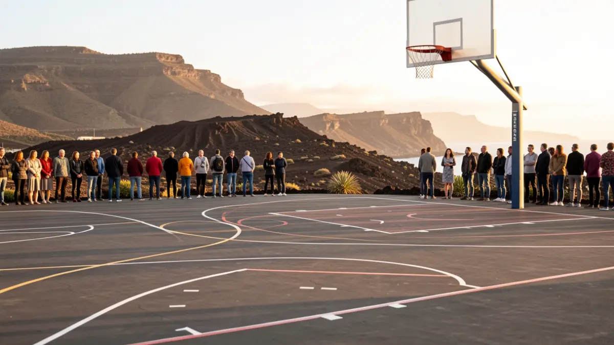 Pista de baloncesto en Canarias con el Teide al fondo.